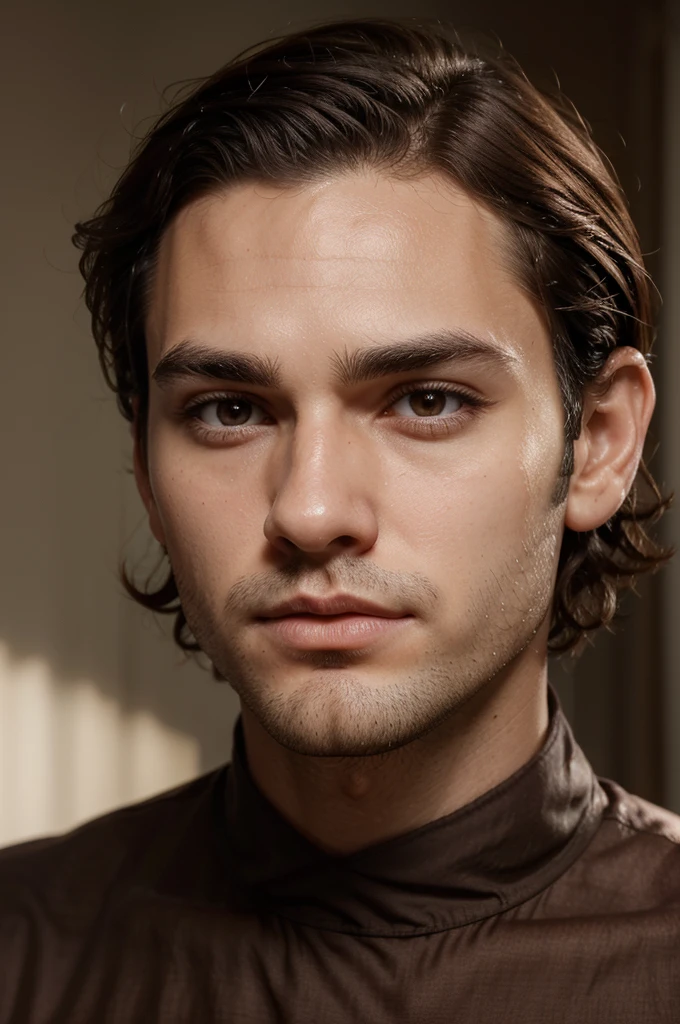 dark brown hair, extremely short on the side, curly and coarse on top, high forehead, angular face, pale skin, straight bushy eyebrows, brown downset sad eyes , long eyelashes, straight big nose, tiny stubble, adult young guy.
