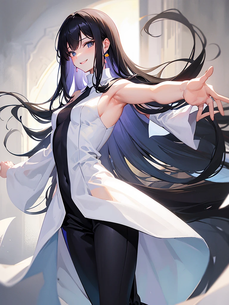 One adult woman with narrow eyes,career woman,Tight skirt,pumps,lawyer,cool,Gaze, Forehead,Anatomically correct, accurate, masterpiece, Highest quality, Winner of numerous awards, Textured skin, Retina, Retina, Black Hair, Half-up hairstyle, Solemn, Column Lineup,Cinematic light effects, Anime Style, Japanese illustration style, 