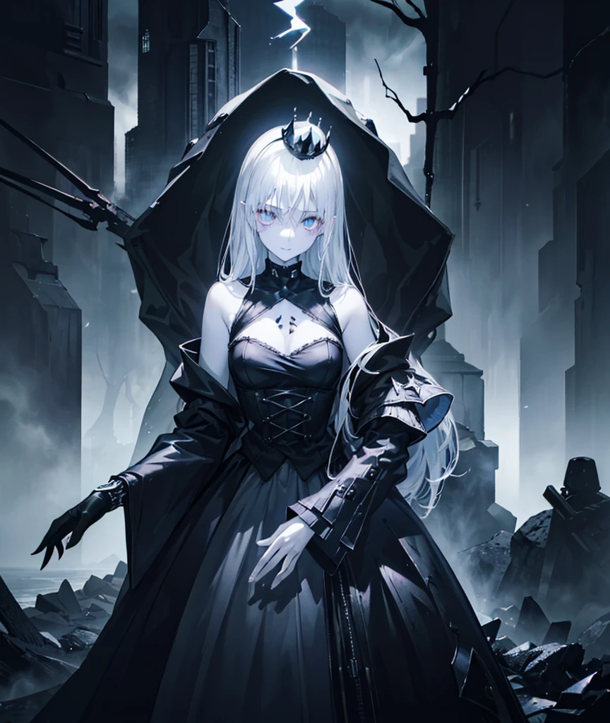 ((((the enigma of the underworld))), dark ambient, atmospheric background, 1girl, standing, ((doll shoulders))), (((pale skin)), (ghostly face:0.9, pale skin)), (darker hair, black hair:0.8, crowned with darkness, claw-like fingers)), ((Glowing eyes:0.8, hooded eyes)), (airs of deprecation, solemn expression:0.8, small smile:0.6), low cut silver lines, ((outgoing pose))), ((shadowy realm, dark twisted roots, eerie mist:0.8, background))), (1set, 1female, 1part)))