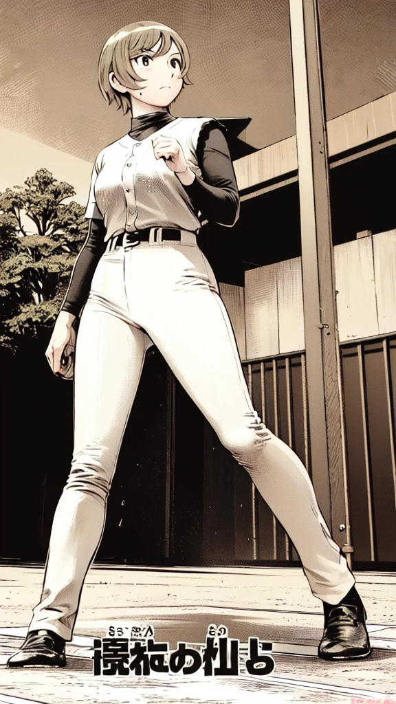 (Baseball uniform:1.2),
Blonde Hair, (short hair:1.2),Long sleeve, Black Shirt, turtleneck,White trousers、uniform、Black belt、((Illustration of people))、Big 、
View Audience,, (Highest quality:1.3),One Girl, White pants、uniform、Outdoor、baseball ground、ground、soil、blue eyes、Tight black shirt、(masterpiece、Highest quality)、Highest quality, Ultra-high resolution, (((masterpiece))), alone, Sweat、Big eyes、Big Breasts、One Girl, Front view、Embarrassed face、Bronze colored hair、((short hair))、Stand up straight