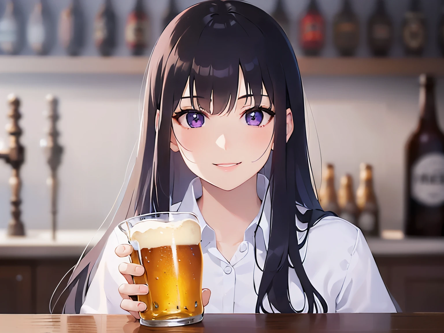 holding a beer, side angle, Upper Body, Realistic, real person, (pale skin: 1.2), RAW photo, photorealistic, shiny skin, shiny hair、(A 25-year-old woman with straight hair and bangs) and (medium hair) and (black hair) and (purple eyes) , (white collared shirt)、(drunk:1.3), smile, (blush:1.2), open mouth, The background is the interior of a restaurant at night.、Alone、Are standing