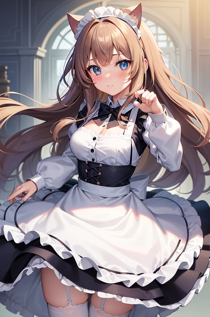 masterpiece, best quality,1girl, solo,whtie hair,medium hair,blue eyes,long sleeves,juliet sleeves,apron,maid,maid headdress,puffy sleeves,green dress,vest,buttons, white thighhighs,standing, looking at viewer, nose blush, (cat ear, claw pose:1.2),