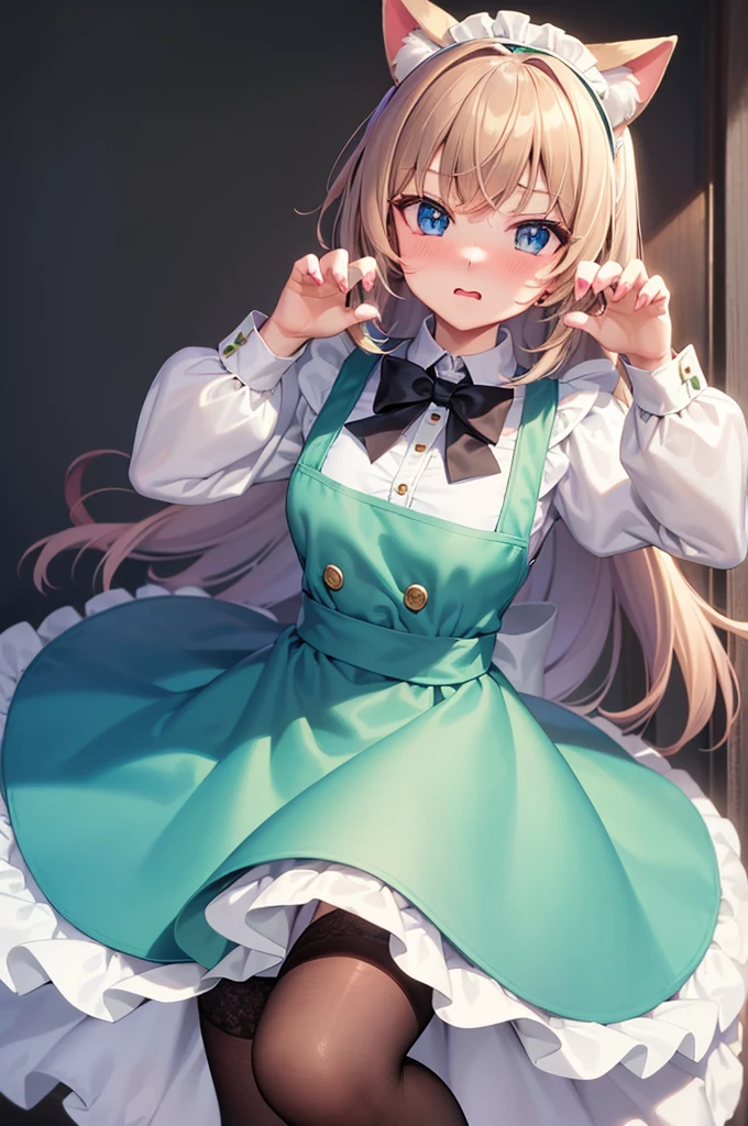 masterpiece, best quality,1girl, solo,whtie hair,medium hair,blue eyes,long sleeves,juliet sleeves,apron,maid,maid headdress,puffy sleeves,green dress,vest,buttons, white thighhighs,standing, looking at viewer, nose blush, (cat ear, claw pose:1.2),