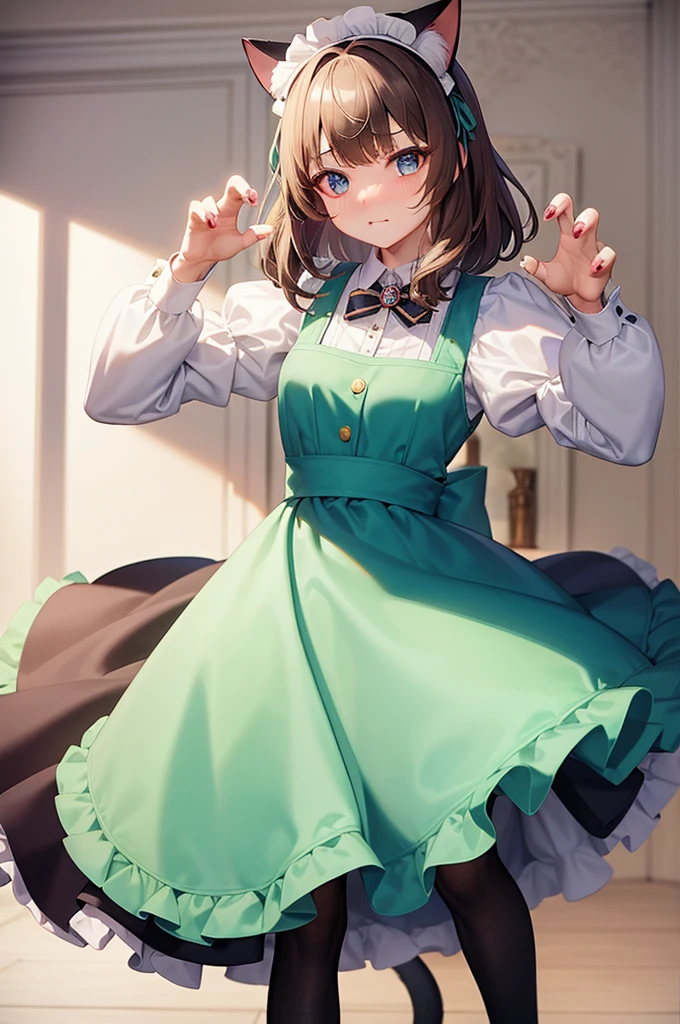 masterpiece, best quality,1girl, solo,whtie hair,medium hair,blue eyes,long sleeves,juliet sleeves,apron,maid,maid headdress,puffy sleeves,green dress,vest,buttons, white thighhighs,standing, looking at viewer, nose blush, (cat ear, claw pose:1.2),
