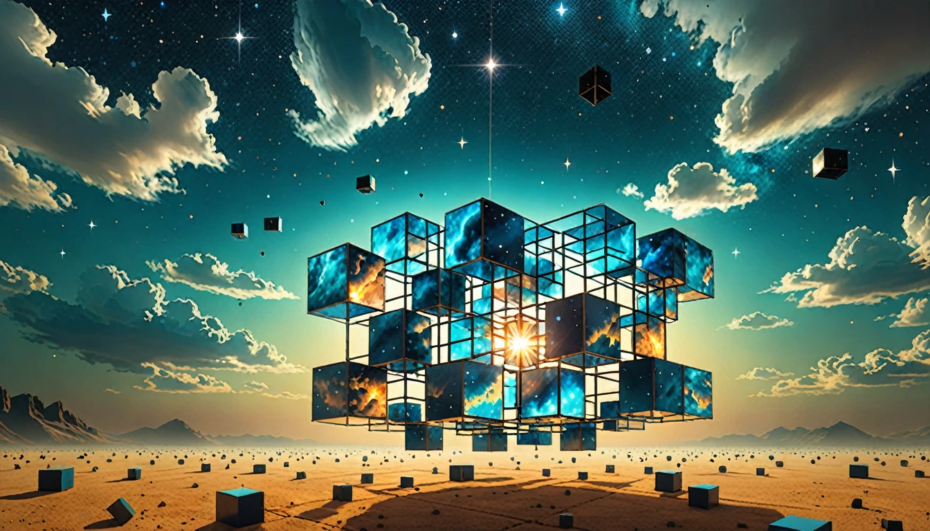 Bosch style, Translucent cube captures eerie clouds, the Star scape warps, Time warp, Surrealism prevails, Star, Luminescence, 闪闪Luminescence的