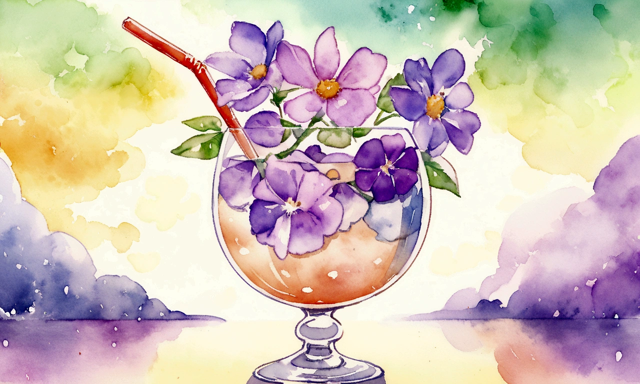 Purple flowers in a glass with a straw and a straw in it, 🌺 society, by Oze Kanaoka, Highly detailed watercolor 8k, Highly detailed watercolor 8k, relaxed and calm atmosphere, Watercolor illustration style, Artgasm, Highly detailed background, Lo-fi art style, Chill Hop, Shiny digital painting, Lofi Color, Official artwork