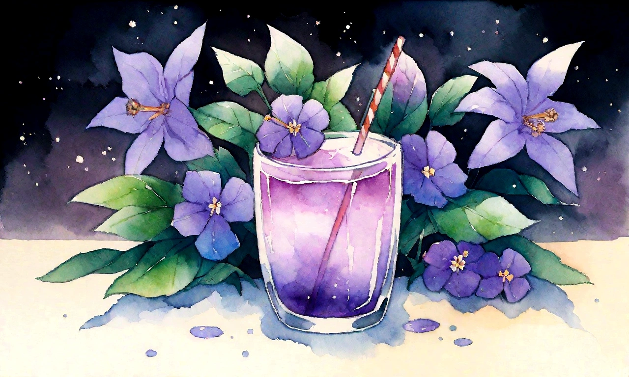 Purple flowers in a glass with a straw and a straw in it, 🌺 society, by Oze Kanaoka, Highly detailed watercolor 8k, Highly detailed watercolor 8k, relaxed and calm atmosphere, Watercolor illustration style, Artgasm, Highly detailed background, Lo-fi art style, Chill Hop, Shiny digital painting, Lofi Color, Official artwork