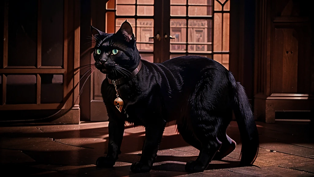 a black cat, red cape, amulet collar, chases after rat in a gothic mansion, high detail, atmospheric, 1980s anime screen caps 