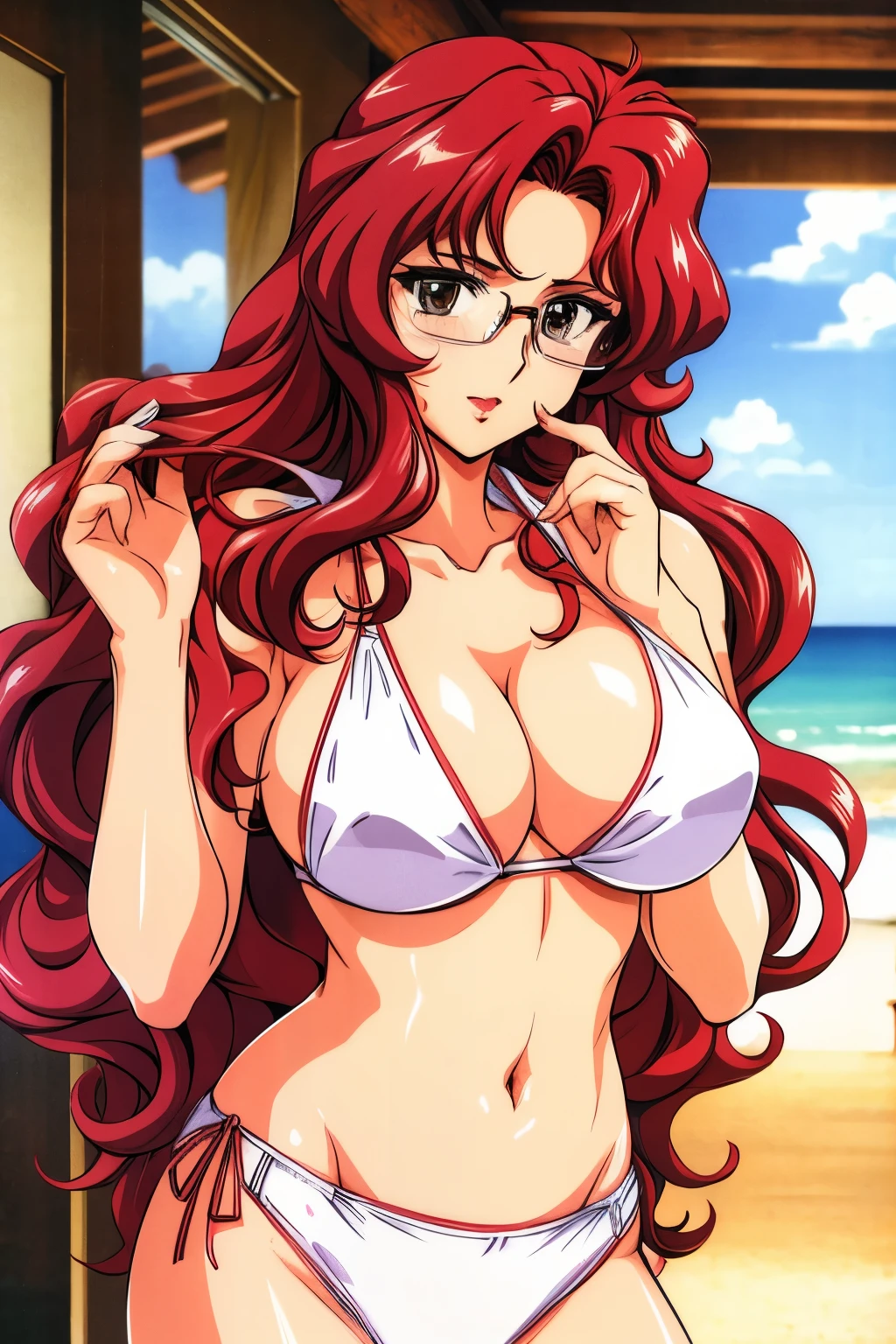 (final romance,rukawa saya,large breasts,ruby hair,long hair,wavy hair,long hair,Glasses,比基尼,beach,mature female),office,smirk,blush,lipstick