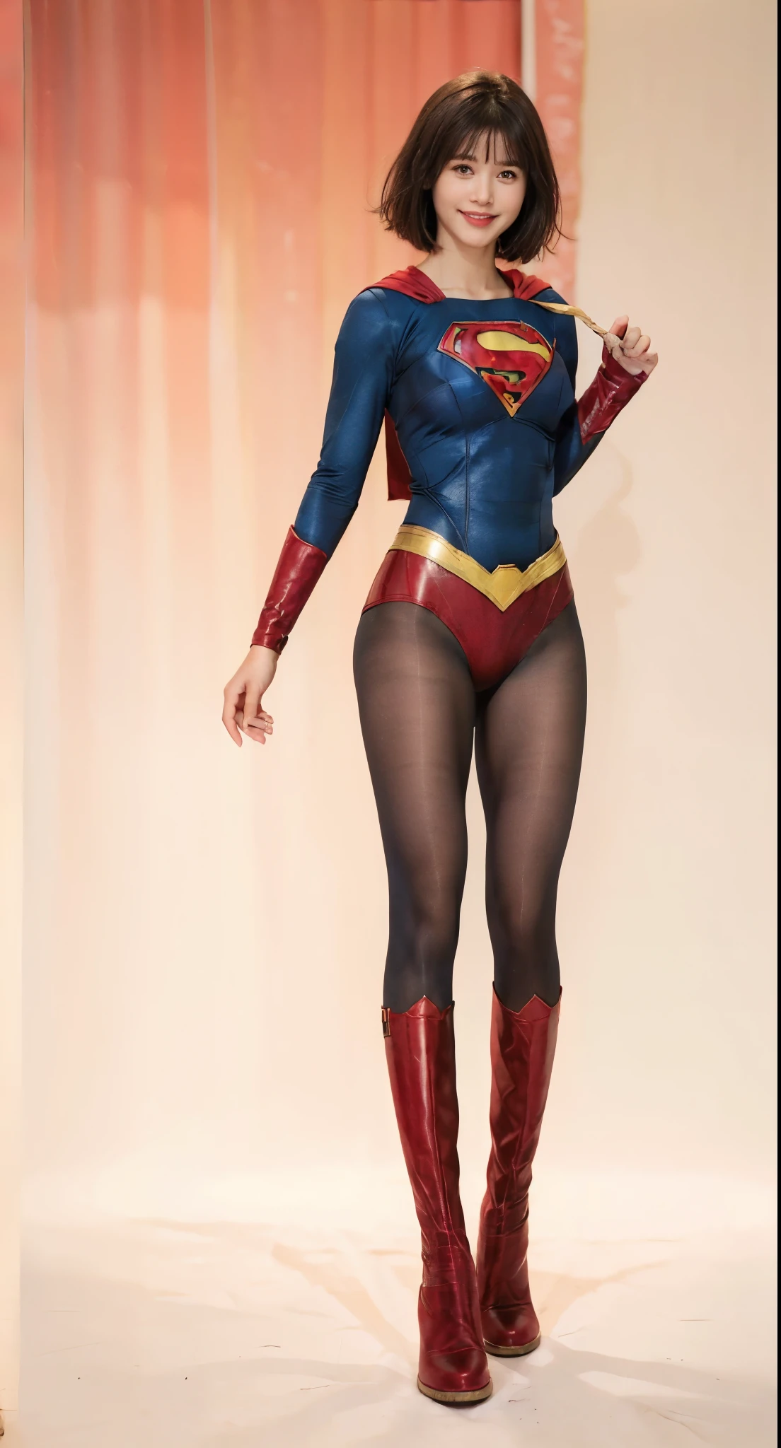 No background、She always has her mouth open、She always has a troubled look on her face、Always close your eyes、(((Beautiful legs in black tights.)))、(((Stretch your legs、expensive、美しいsmileを表現する)))、((((Make the most of your original images)))、(((Supergirl Costume)))、(((Beautiful Short Hair)))、(((smile)))、(((Black tights legs、Wear red boots)))、((Best image quality、8K))、((Highest quality、8K、masterpiece:1.3))、(((Preserve background )))、Sharp focus:1.2、Beautiful woman with perfect figure:1.4、Slim Abs:1.2、Wet body:1.5、Highly detailed face and skin texture、8K