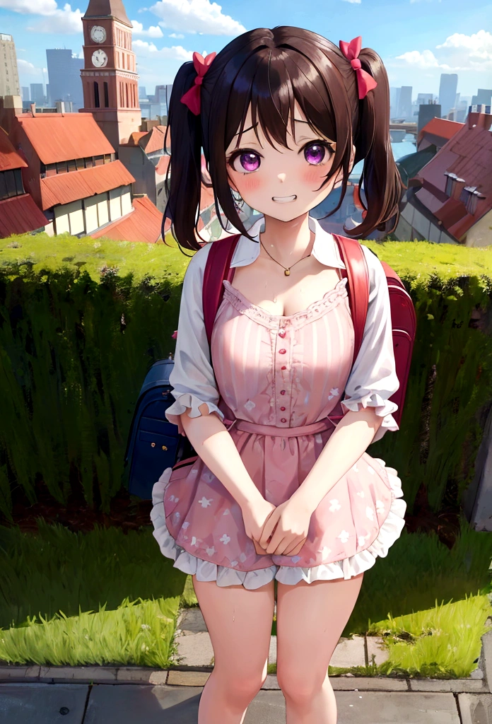 masterpiece, Highest quality, Nico_Yazawa,High resolution, 1 Girl, alone, Brown Hair, short hair, Twin tails、Purple eyes, Cowboy Shot, Frill dress, , Pink Dress, (Cleavage)、(Beautiful thighs)、city, Outdoor, garden, Carrying a red backpack, (randoseru backpack:1.2) Sweaty、Thick thighs、Highest quality、4K、1girl, 8years old, loli, cute, grin, 、Skirt lift striped underwear、In the city、Many passersby are surrounding the girl.、、Thick thighs、Mesgaquismiles、Men masturbating while surrounding a girl、Semen from the penis、Bukkake、Bukkake、（Bukkake）