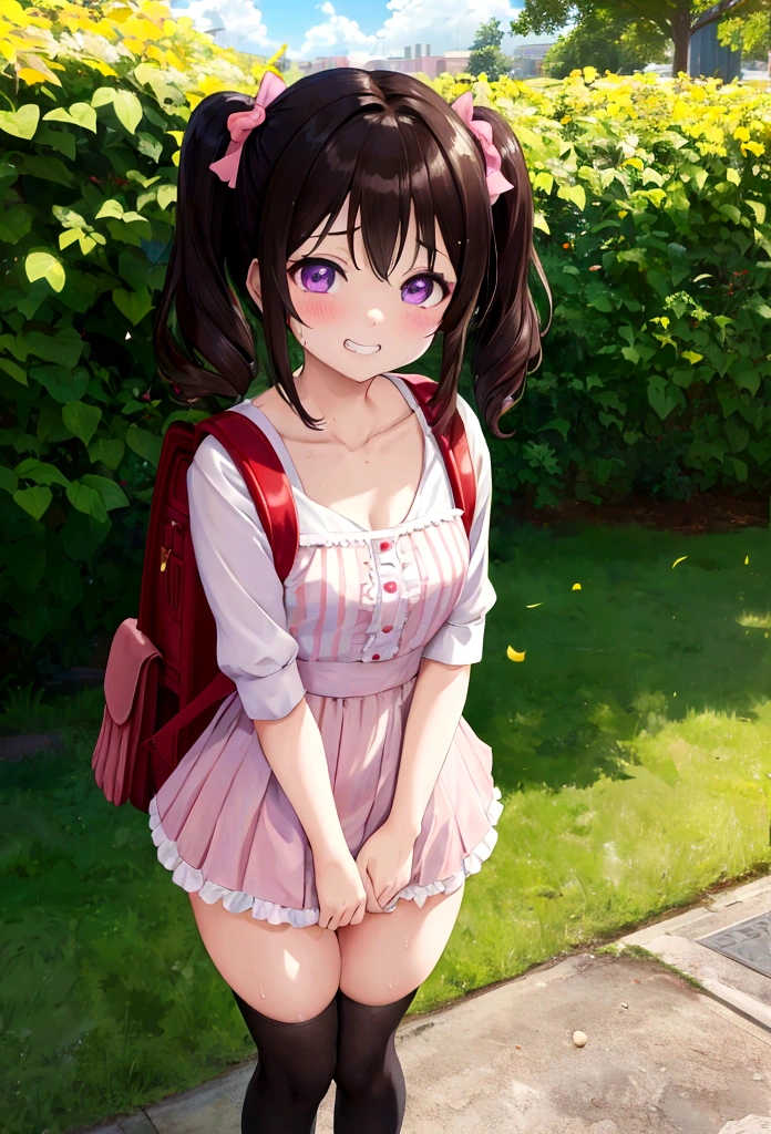 masterpiece, Highest quality, Nico_Yazawa,High resolution, 1 Girl, alone, Brown Hair, short hair, Twin tails、Purple eyes, Cowboy Shot, Frill dress, , Pink Dress, (Cleavage)、(Beautiful thighs)、city, Outdoor, garden, Carrying a red backpack, (randoseru backpack:1.2) Sweaty、Thick thighs、Highest quality、4K、1girl, 8ars old, lo, cute, grin, 、Skirt lift striped underwear、In the city、Many passersby are surrounding the girl.、、Thick thighs、Mesgaquismiles、Men masturbating while surrounding a girl、Semen from the penis、Bukkake、Bukkake、（Bukkake）