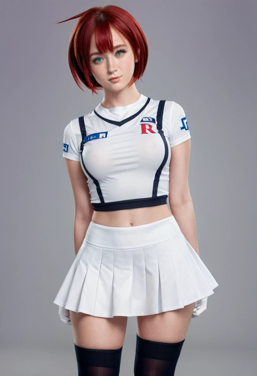 high quality instagram photo, full body of a Scandinavian girl, 20 years old, red hair, sexy, short height, green eyes, freckles, cute face, large breasts, wearing sexy Team Rocket,rocket team uniform, sexy white skirt,r ed letter R, sexy short top,black thigh high stockings,black elbow length gloves