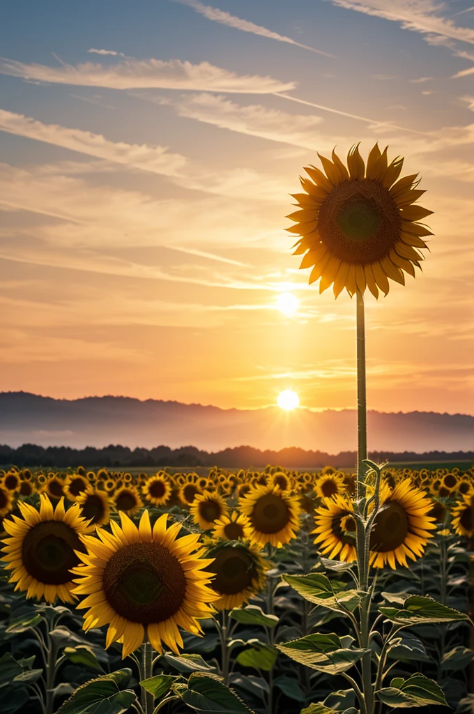 Create image of a sunflower in a beautiful sunrise. 