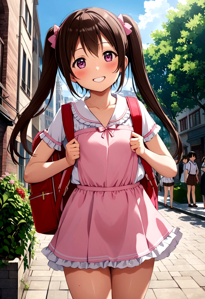 masterpiece, Highest quality, Nico_Yazawa,High resolution, 1 Girl, alone, Brown Hair, short hair, Twin tails、Purple eyes, Cowboy Shot, Frill dress, , Pink Dress, (Cleavage)、(Beautiful thighs)、city, Outdoor, garden, Carrying a red backpack, (randoseru backpack:1.2) Sweaty、Thick thighs、Highest quality、4K、1girl, 8years old, ****, cute, grin, 、Skirt lift striped underwear、In the city、Many passersby are surrounding the girl.、、Thick thighs、Mesgaquismiles、Men masturbating while surrounding a girl、Semen from the penis、Bukkake、Bukkake、（Bukkake）