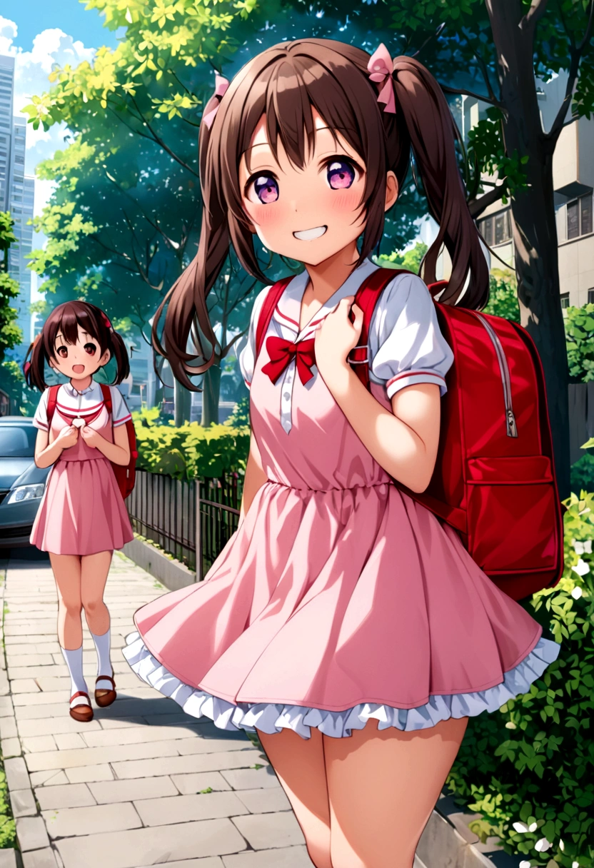 masterpiece, Highest quality, Nico_Yazawa,High resolution, 1 Girl, alone, Brown Hair, short hair, Twin tails、Purple eyes, Cowboy Shot, Frill dress, , Pink Dress, (Cleavage)、(Beautiful thighs)、city, Outdoor, garden, Carrying a red backpack, (randoseru backpack:1.2) Sweaty、Thick thighs、Highest quality、4K、1girl, 8ars old, lo, cute, grin, 、Skirt lift striped underwear、In the city、Many passersby are surrounding the girl.、、Thick thighs、Mesgaquismiles、Men masturbating while surrounding a girl、Semen from the penis、Bukkake、Bukkake、（Bukkake）