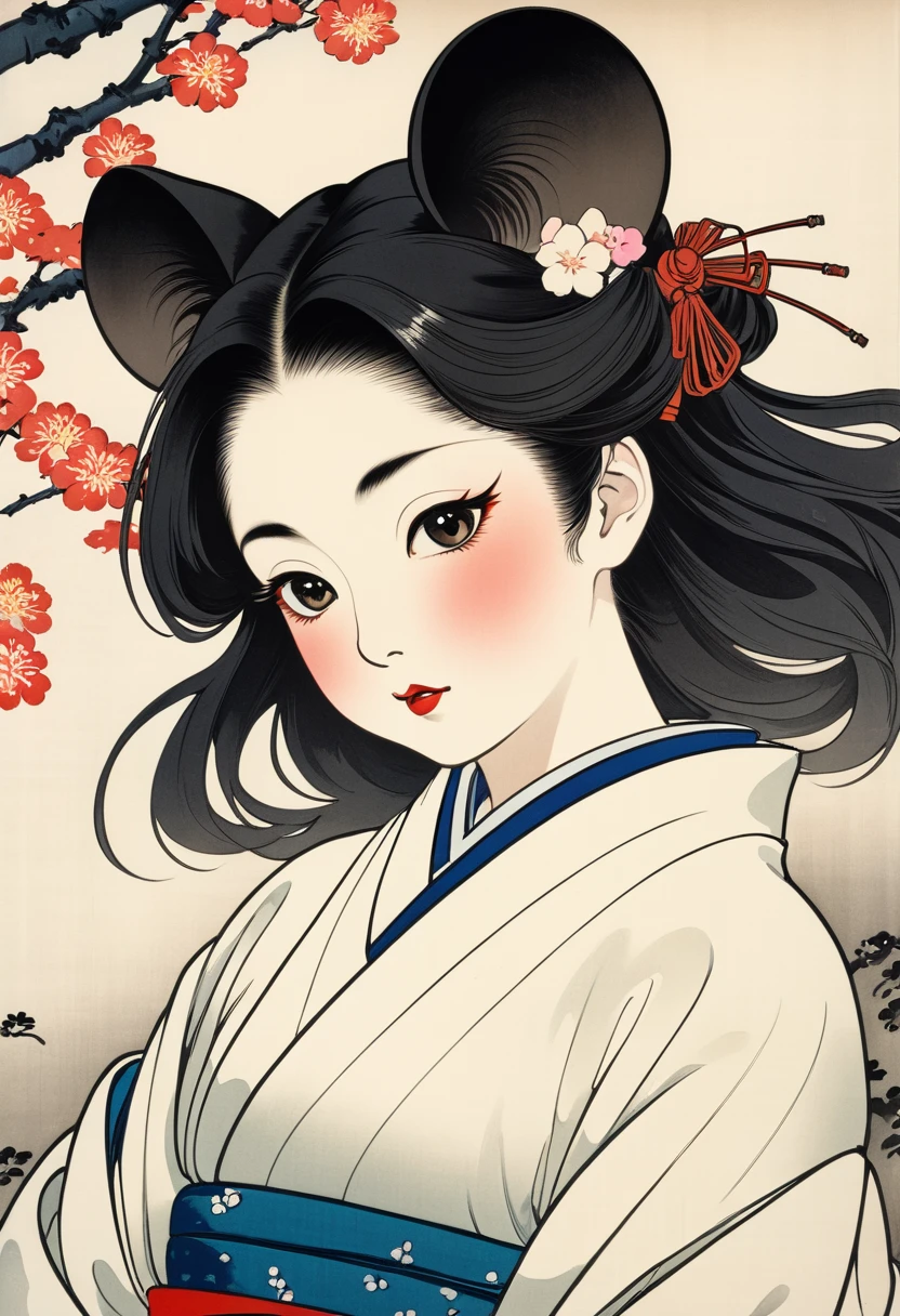 (Ito Shinsui style:1.2) , Hallucination, daydream , nightmare , Insane Dream , bokeh , erotica , romance , realistic mouse nymph and realistic cat , Women's hakama from the Meiji period , Petals fluttering down , Single eyelids, round nose, swollen cheeks , glossy lips , Collarbone , Hair blowing in the wind , Meiji period