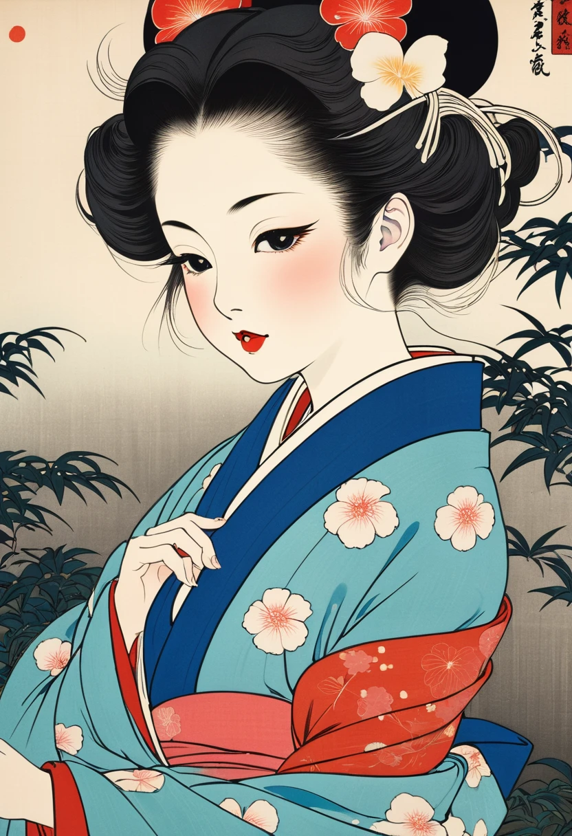 (Ito Shinsui style:1.2) , Hallucination, daydream , nightmare , Insane Dream , bokeh , erotica , romance , realistic mouse nymph and realistic cat , Women's hakama from the Meiji period , Petals fluttering down , Single eyelids, round nose, swollen cheeks , glossy lips , Collarbone , Hair blowing in the wind , Meiji period