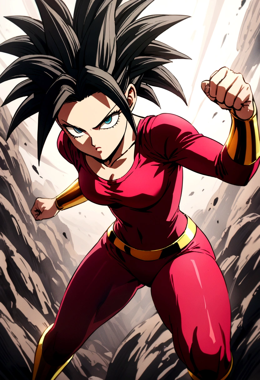 Kefla with black hair up, with red top and leggings, One punch man style