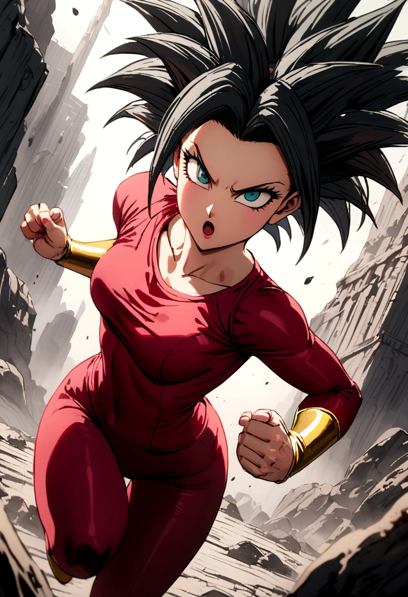 Kefla with black hair up, with red top and leggings, One punch man style