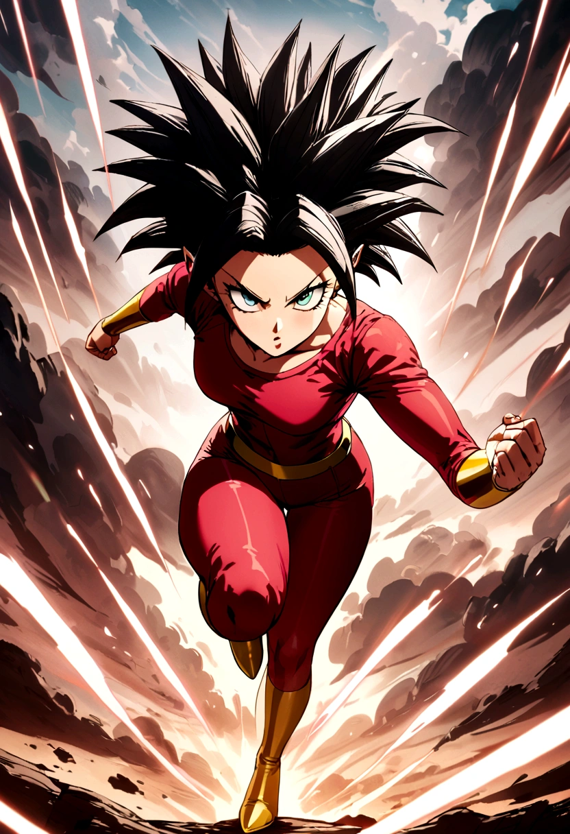 Kefla with black hair up, with red top and leggings, One punch man style