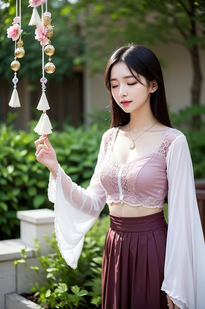 In a quaint garden, a mature woman admired a delicate wind chime swaying in the gentle breeze. Its tinkling melody echoed through the air, enchanting her senses. Mesmerized by the chime's harmonious dance, woman's heart soared with every musical note. As she closed her eyes, she could almost feel the whispers of the wind carrying her dreams and aspirations. In that moment, the wind chime became a symbol of hope and inspiration, reminding the woman to embrace life's melodies and find joy in the simplest of moments, two tone lighting, dynamic lighting