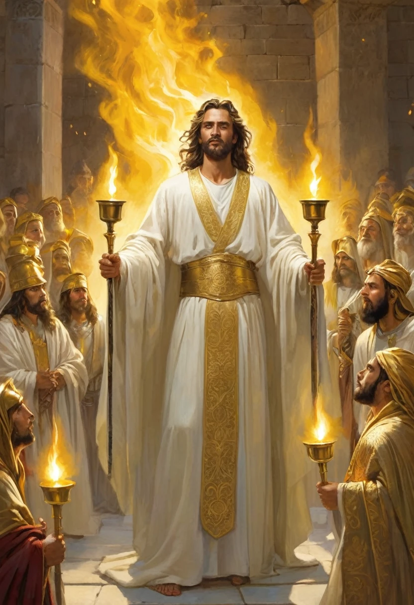 And in the midst of the seven candlesticks, one like the Son of Man, clothed with a long garment down to his feet, and girded about his chest with a golden belt.
14 And his head and hair were white like white wool, like snow, and his eyes were like a flame of fire;
15 And his feet were like shining brass, as if they had been refined in a furnace, and his voice was like the sound of many waters.
16 And he had seven stars in his right hand; and out of his mouth came a sharp two-edged sword; and his face was like the sun, when it shines in its strength.