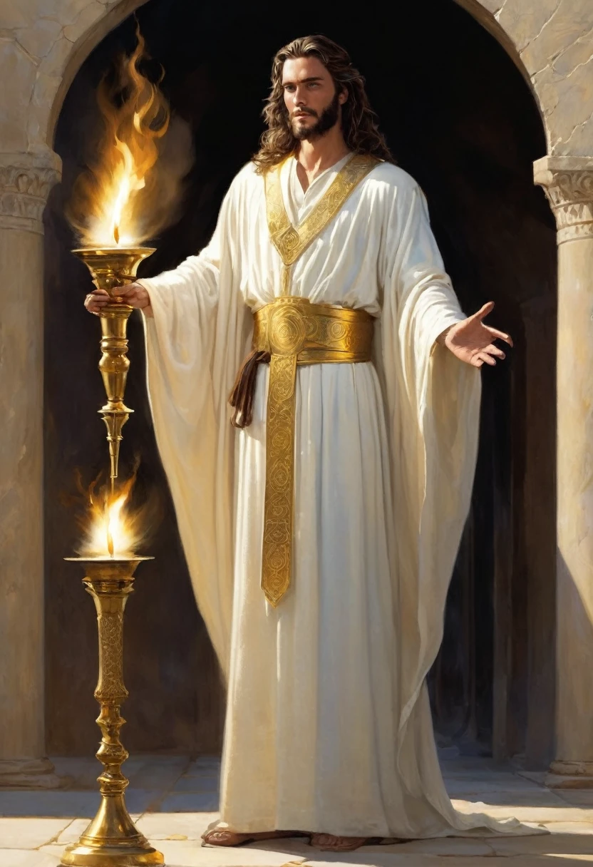 And in the midst of the seven candlesticks, one like the Son of Man, clothed with a long garment down to his feet, and girded about his chest with a golden belt.
14 And his head and hair were white like white wool, like snow, and his eyes were like a flame of fire;
15 And his feet were like shining brass, as if they had been refined in a furnace, and his voice was like the sound of many waters.
16 And he had seven stars in his right hand; and out of his mouth came a sharp two-edged sword; and his face was like the sun, when it shines in its strength.