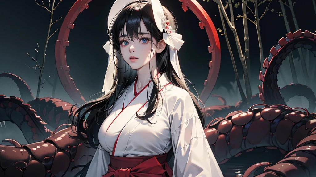 (perfect anatomy:1.2)(absurdres, highres, ultra detailed),masterpiece,best quality,high resolution,8K,Realistic face,Realistic skin texture,magnified textures, stunning clarity,(1 girl),detailed anime girl,japanese lowteen girl,ultra detailed eyes and face,(black hair),long hair,creepy swamp,mysterious eyes,midnight,(tentacles in the background:1.1),pale skin,Japanese shrine maiden, ,(white kimono),(red hakama) thin body type,big breasts,(expressionless:1.3),(from front:1.2),upper body,,Daytime,(look at viewer),standing:1.1