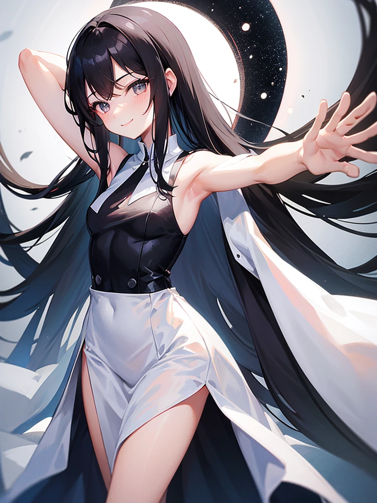 Long black hair White sexy dress Raising his arms to show his armpits smile