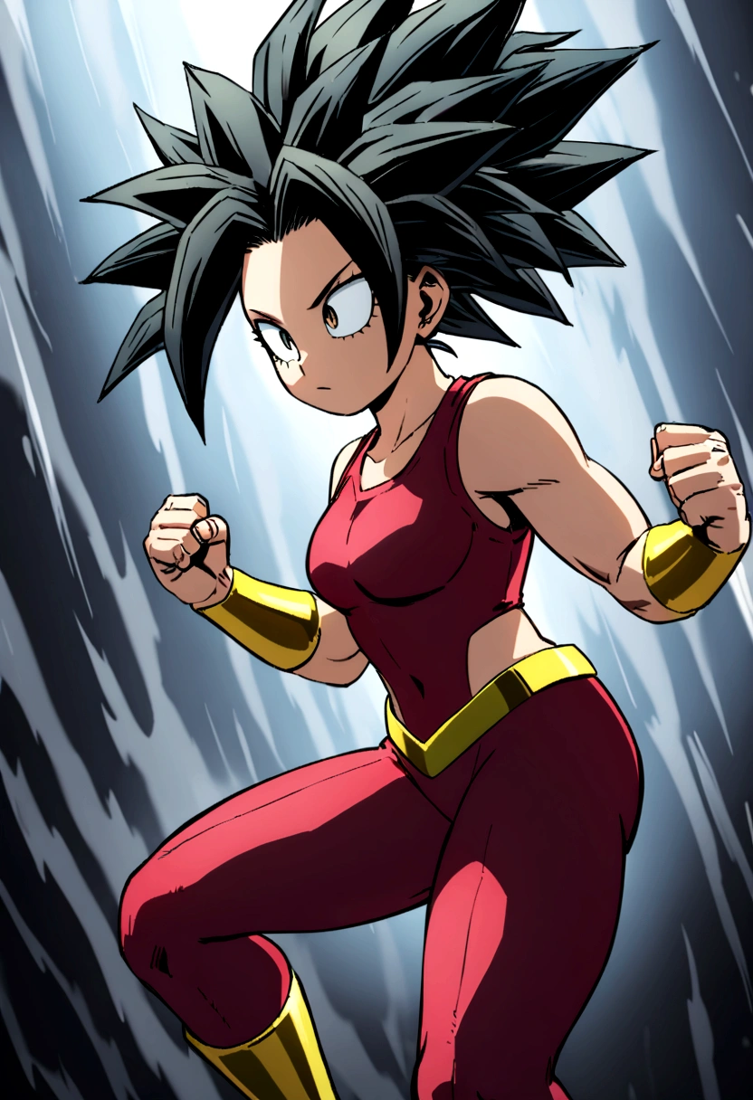 Kefla with black hair up in a ponytail, with red top and leggings, Boku no hero academia style