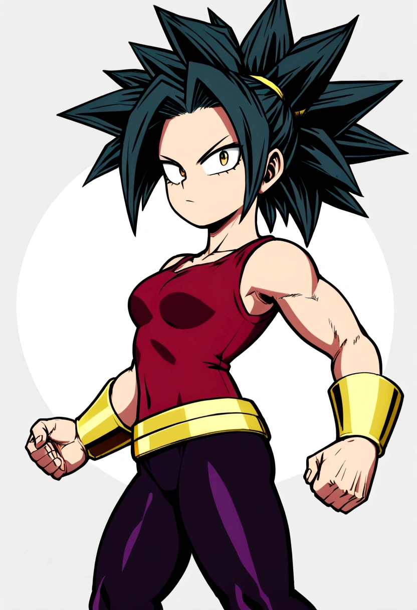 Kefla with black hair up in a ponytail, with red top and leggings, Boku no hero academia style