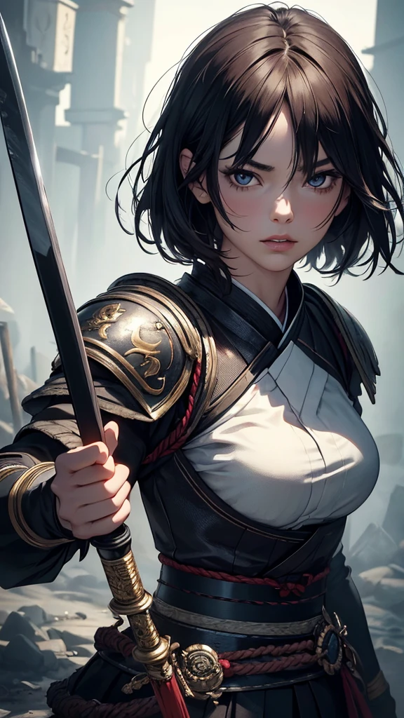 (8K, Highest quality, masterpiece:1.2), (Realistic:1.4), RAW Photos, Highest quality, Ultra-high resolution, Best Shadow, (whole body:1.4), Woman with short hair, Japanese Armor, Samurai sword, Large and amazing environment, Horror, dark Horror, Highly detailed facial features, Beautiful and perfect face, Perfect Eyes