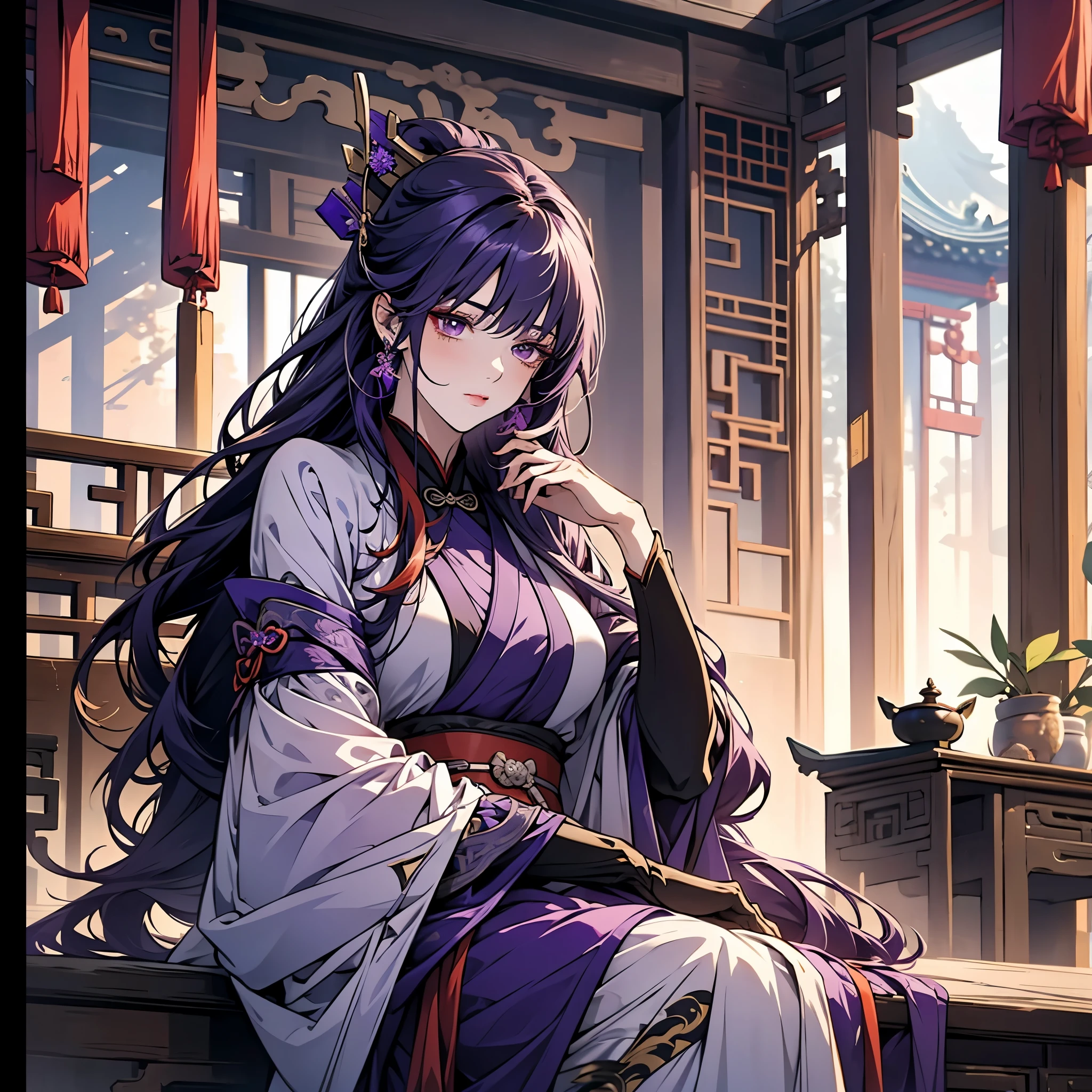 1 women, Raiden Shogun - genshin impact, long purple hair, violet eyes, violet chinese clothes, ultra long skirt, sitting at a table in chinese room