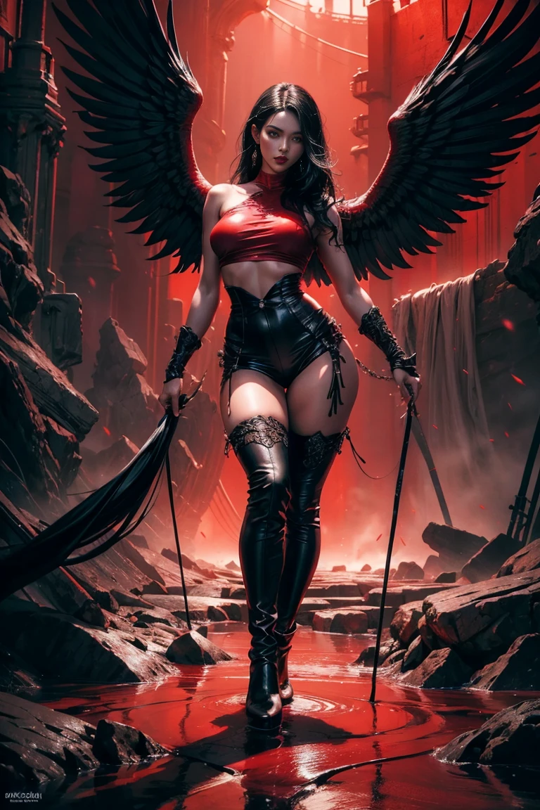 Full body beautiful sensual sexy 20 year old snow white skin muscule woman with huge black feathered bird wings, long straight black hair, black eyes, red lips, long shapely thighs, thin waist, broad shoulders, tight black sleeveless top with deep neckline and black leather tight pants , mid-thigh black leather boots, dynamic pose, standing in red undulating fluid environment lighting, photorealism, intricate face details, intricate hand details, highly detailed, vivid colors, cinematic, high definition, trendy Artstation - style raw