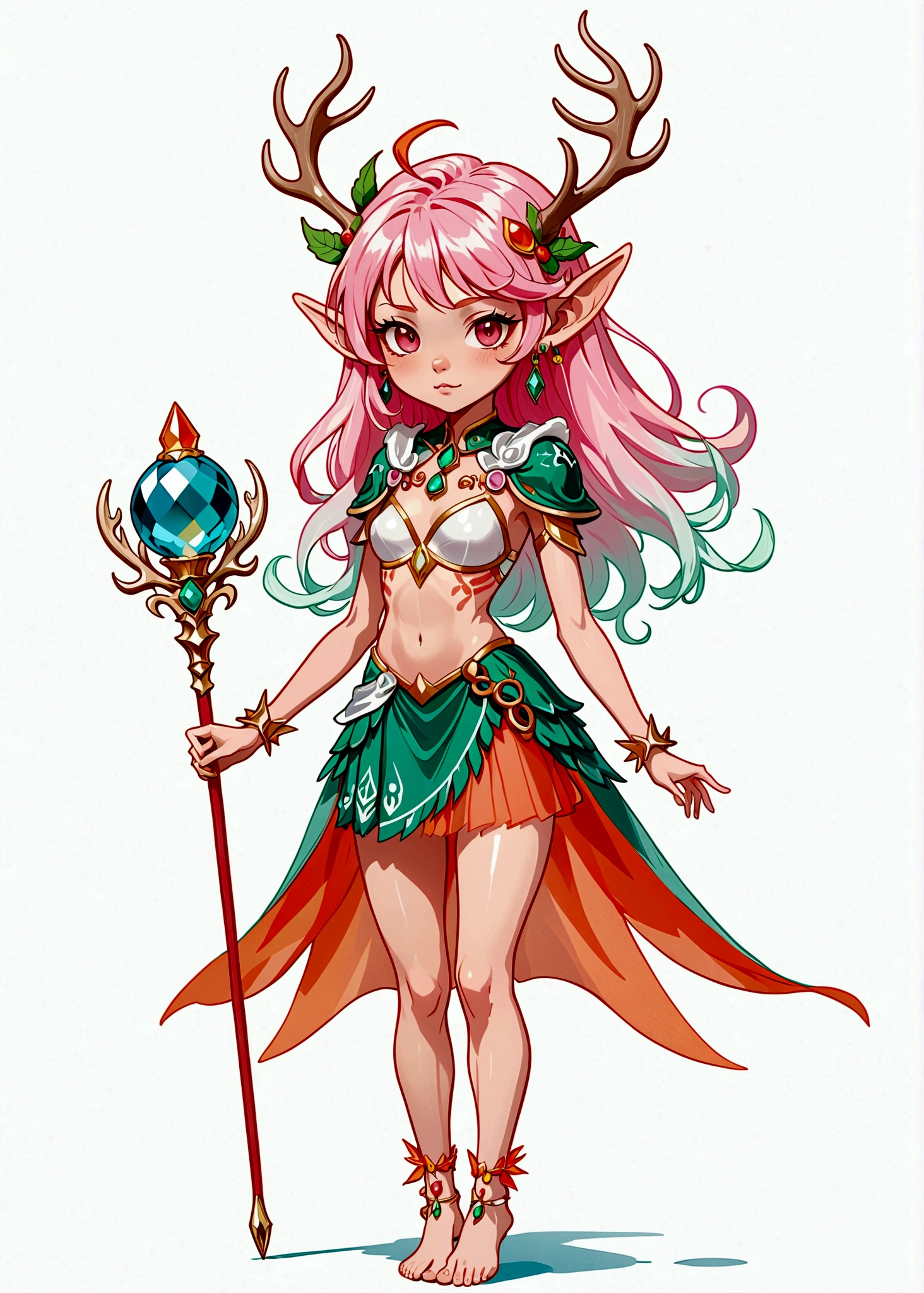 game character,Cartoon anime style,beautiful girl,Fluffy pink hair,Pink Eyes,antlers,Elf ears,Orange tulle short skirt,Jeweled Scepter,Long legs,Standing barefoot,Bells on anklets。(((Correct human anatomy))),White background