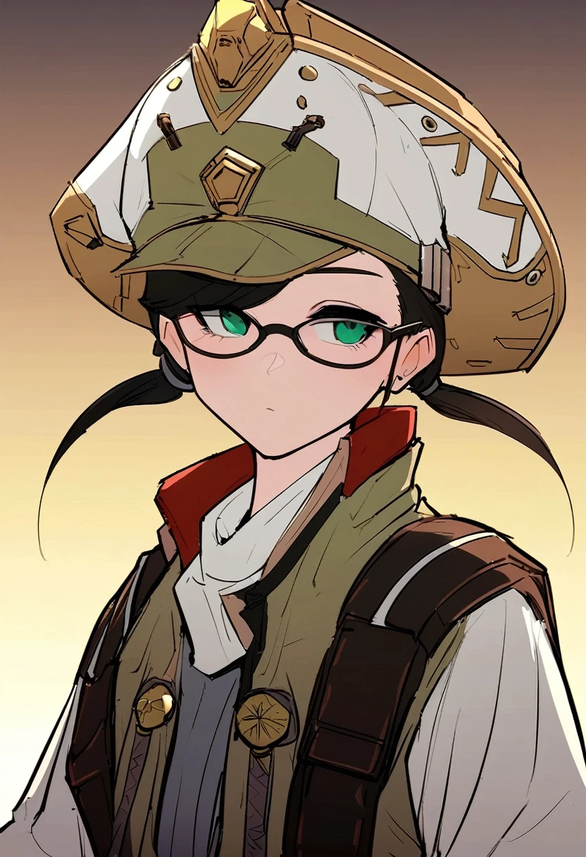 work of art, best qualityer, , (standing alone), 1 girl, I look up, diffuse light, , horizon_(apex legends), glasses, blue colored eyes, chestnut hair, gauntlets, shoulder armor, Hat, (freckles:0.5), , (science_fiction), plein-air, Street, neon lights, cyber punk,