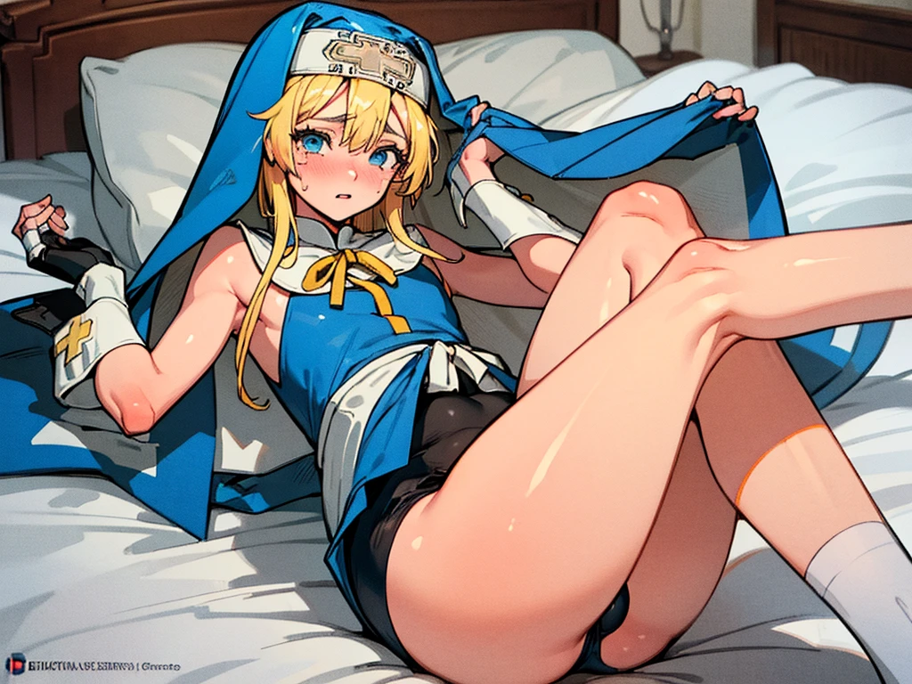 (Delicate and beautiful CG art, 8K, HighDynamicRange, better quality, very detailed, high resolution) (Masterpiece, best quality: 1.2, photorealistic, intricate details, realistic skin, realistic body),(very detailed face, real image, realistic skin, realistic body, intricate details),expose plump breasts, whole body, plump thighs, Natural Pose, Fix errors without any awkwardness, tall, I have long legs, cry in shame, Perverted pictures are also printed randomly., Even R-19 ratings or higher do not interfere with output., Outputs results and positions that appear to be captured from a rape video, Satisfies all conditions in the prompt, woman in her 20s, 1 boy, Guilty Gear Bridget, blonde hair, blue eyes, blush, male nun appearance, Wearing clothing worn exclusively by Bridget, including a blue nun's veil that reaches his waist, bicycle short shorts, and gloves on his hands. Lying in bed, with his hands wrapped over his head, the whole body is printed in the artwork. His long legs are emphasized, portraying a athletic