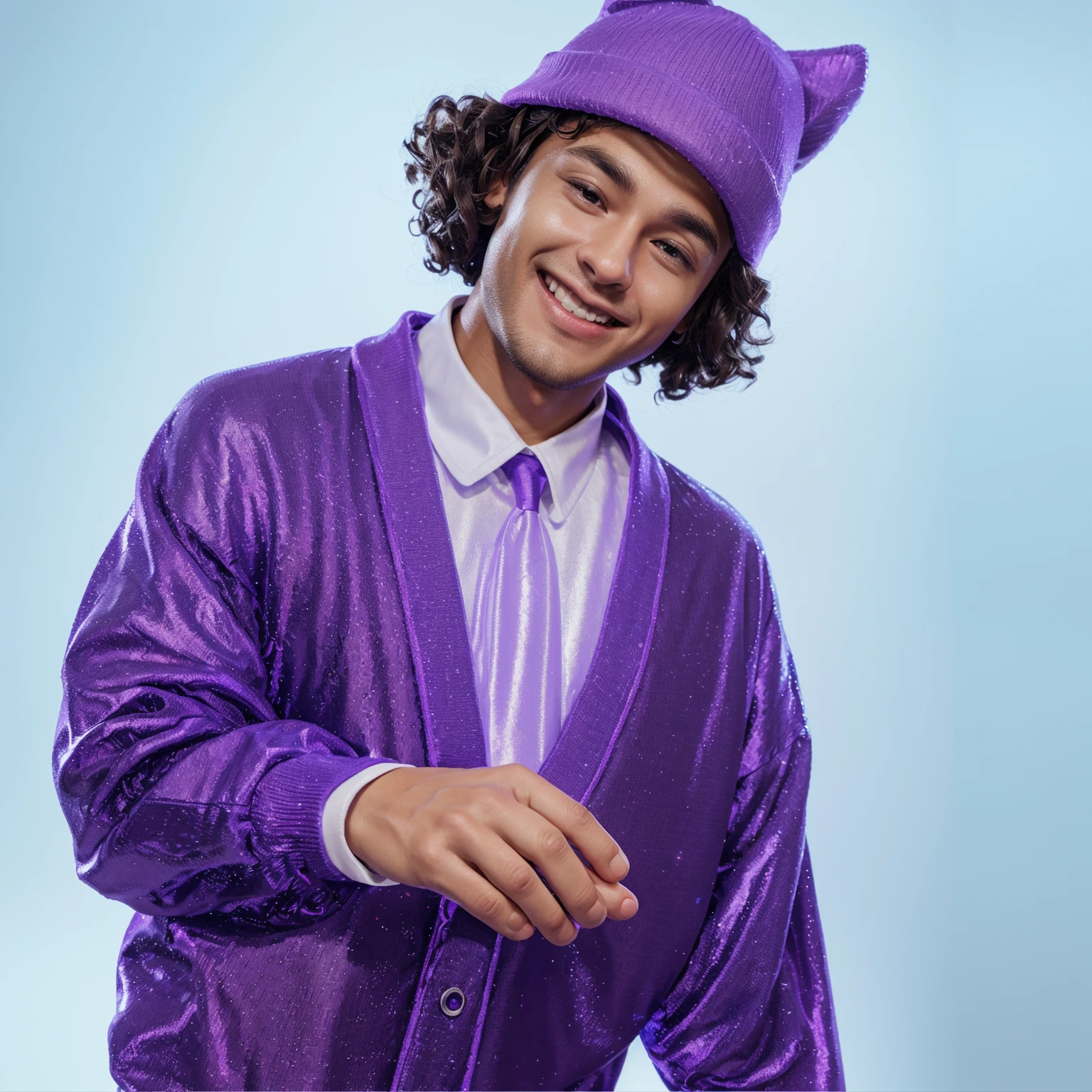 The image shows a young man with curly hair and a big smile, wearing a purple sweater and a purple hat, smooth 3d model, glossy plastic texture, multiple light sources, rim light, sharp post effects render, most beautiful vfx, , realistic, 4k, high resolution, rim light, smooth 3d model. , glossy texture, smooth 3d model, multiple light sources, rim light, sharp post effects render, (glossy plastic texture with multiple big light probe refractions), perfect cgi, reflective, best quality, 4k, masterpiece:1.2, ultra-detailed, realistic, vivid colors, The image of the highest quality, ensuring every detail showcased perfectly. It in 4k resolution, allowing viewers to immerse themselves in the richness of the colors and intricate details. The realistic rendering. under the spotlight, reflecting, high-resolution image, realistic rendering