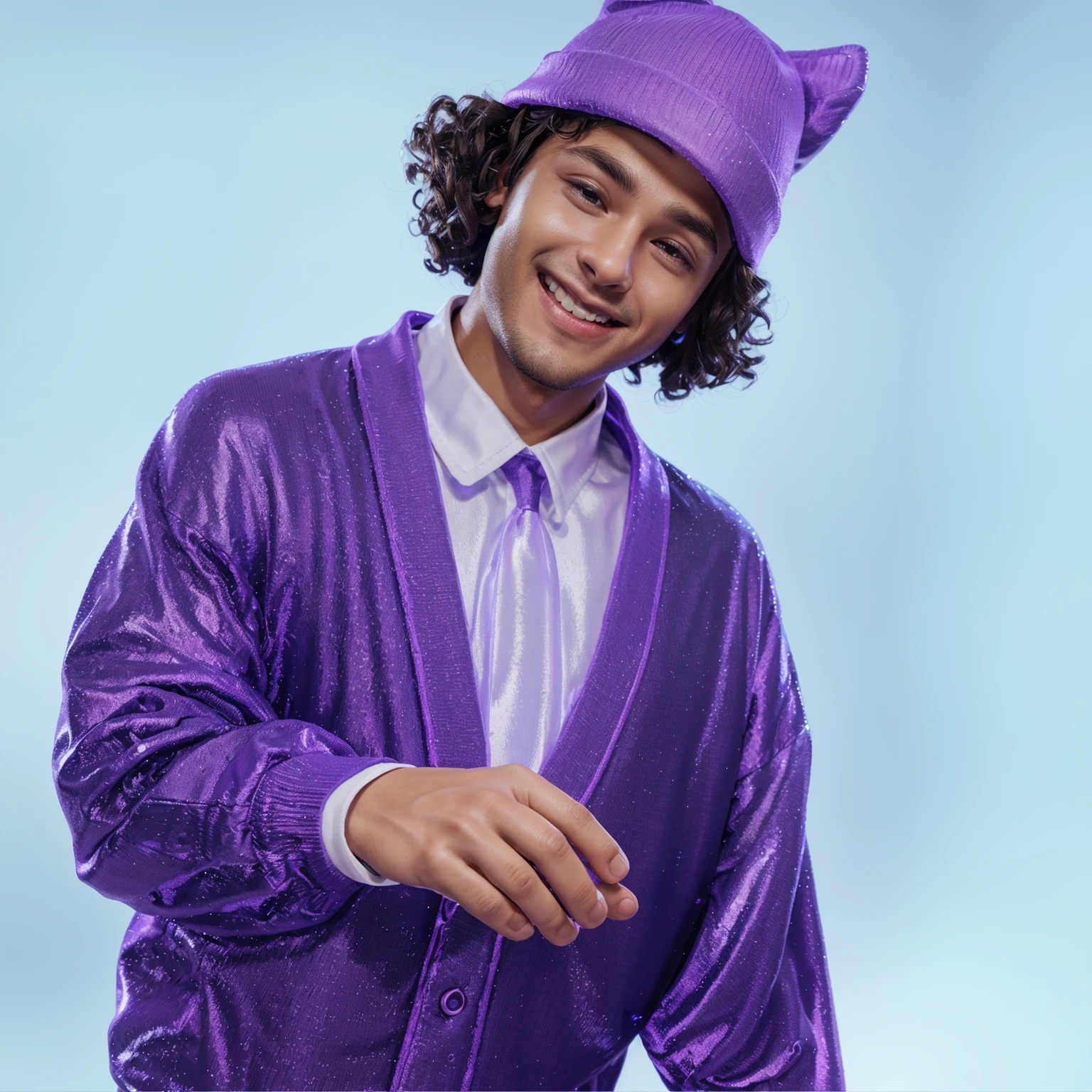  The image shows a young man with curly hair and a big smile, wearing a purple sweater and a purple hat, smooth 3d model, glossy plastic texture, multiple light sources, rim light, sharp post effects render, most beautiful vfx, , realistic, 4k, high resolution, rim light, smooth 3d model. ,  glossy texture, smooth 3d model, multiple light sources, rim light, sharp post effects render, (glossy plastic texture with multiple big light probe refractions), perfect cgi,   reflective, best quality, 4k, masterpiece:1.2, ultra-detailed, realistic, vivid colors, The image of the highest quality, ensuring every detail showcased perfectly. It in 4k resolution, allowing viewers to immerse themselves in the richness of the colors and intricate details. The realistic rendering. under the spotlight, reflecting, high-resolution image, realistic rendering