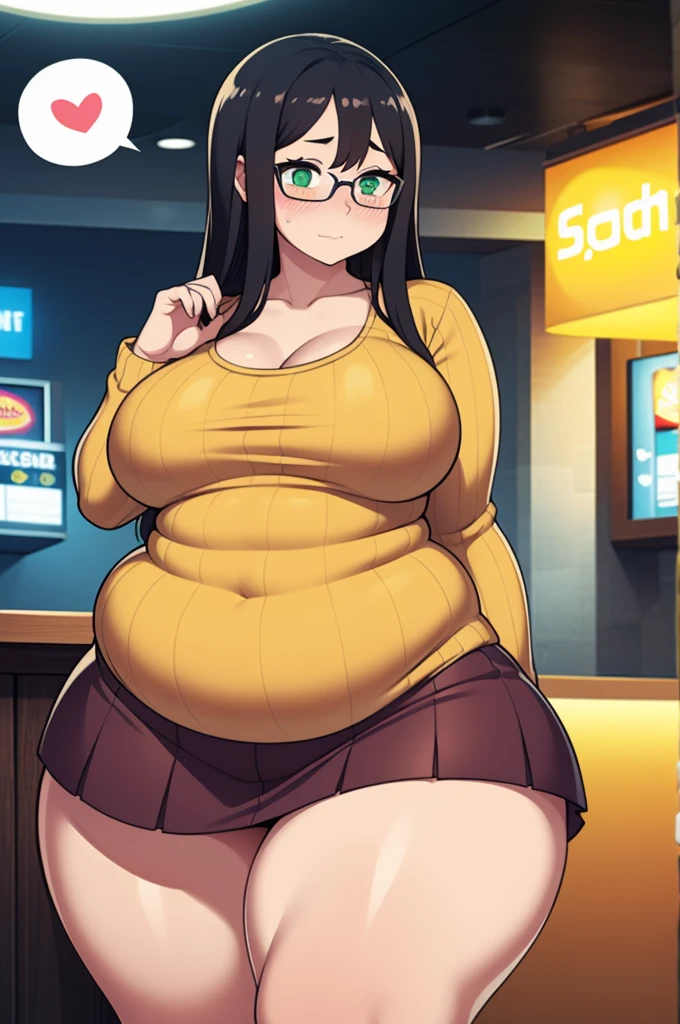 ((Masterpiece)), perfect anatomy, perfect shading, field of depth, (best quality), extremely delicate and beautiful, perfect lighting, detailed face, ultra cute face, cute, ((1girl)), ((solo))

long fluffy black hair, glasses, green eyes, ((blush)), nervous, spoken heart, looking at viewer, sweater, short skirt, large breasts, ((thick thighs)), (wide hips), ((plump)),

intricate background, detailed background, fast food restaurant,
