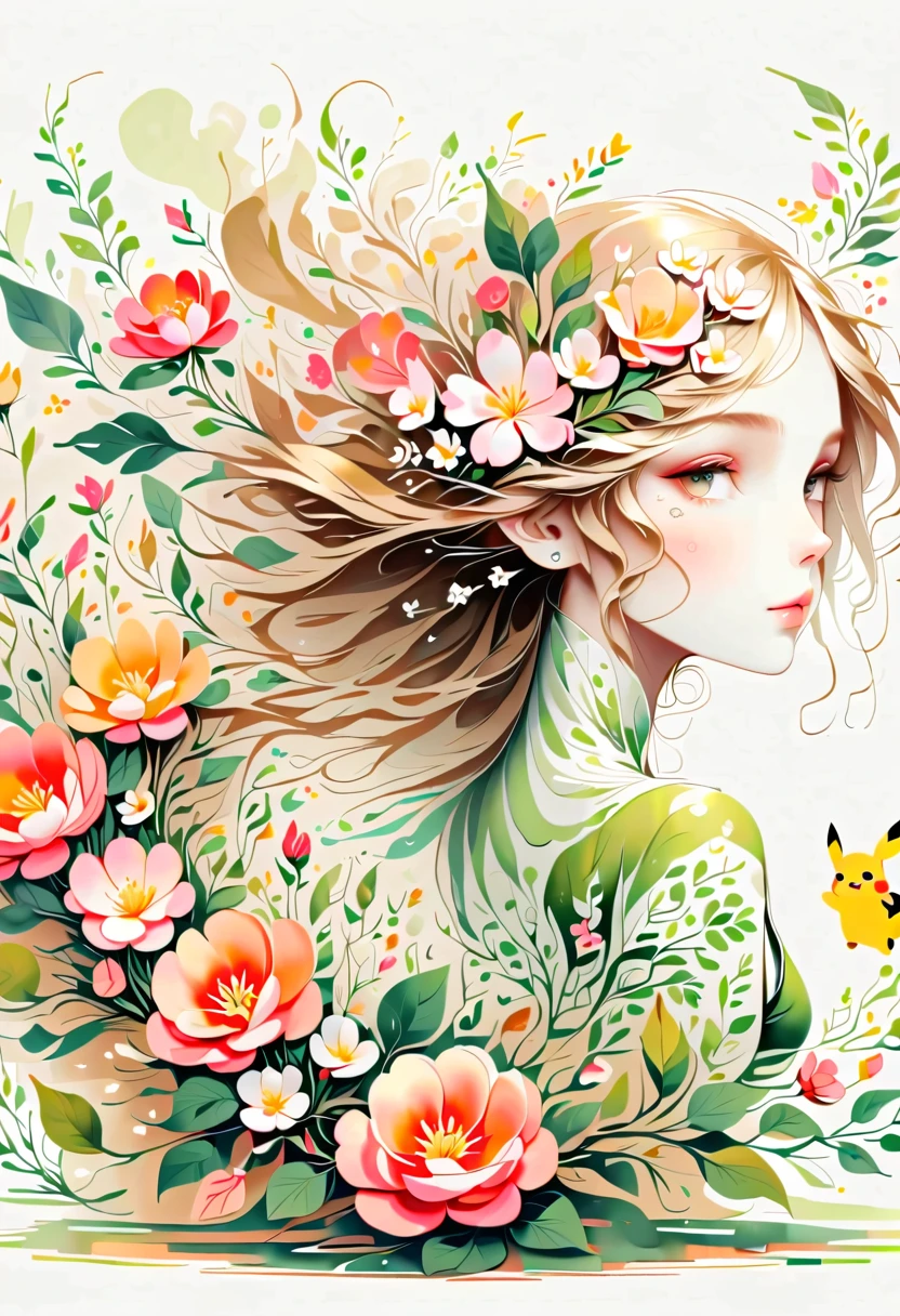 cozy scene featuring hanging planters with adorable Pokémon, adding elements of Pikachu. The planters should be filled with lush greenery and colorful flowers. Include Pikachu comfortably resting in one of the planters, alongside other Pokémon like Celebi and Snivy. Use soft pastel colors and whimsical details to enhance the charm. The background should have subtle stripes with shades of green and peach, maintaining a warm and inviting atmosphere