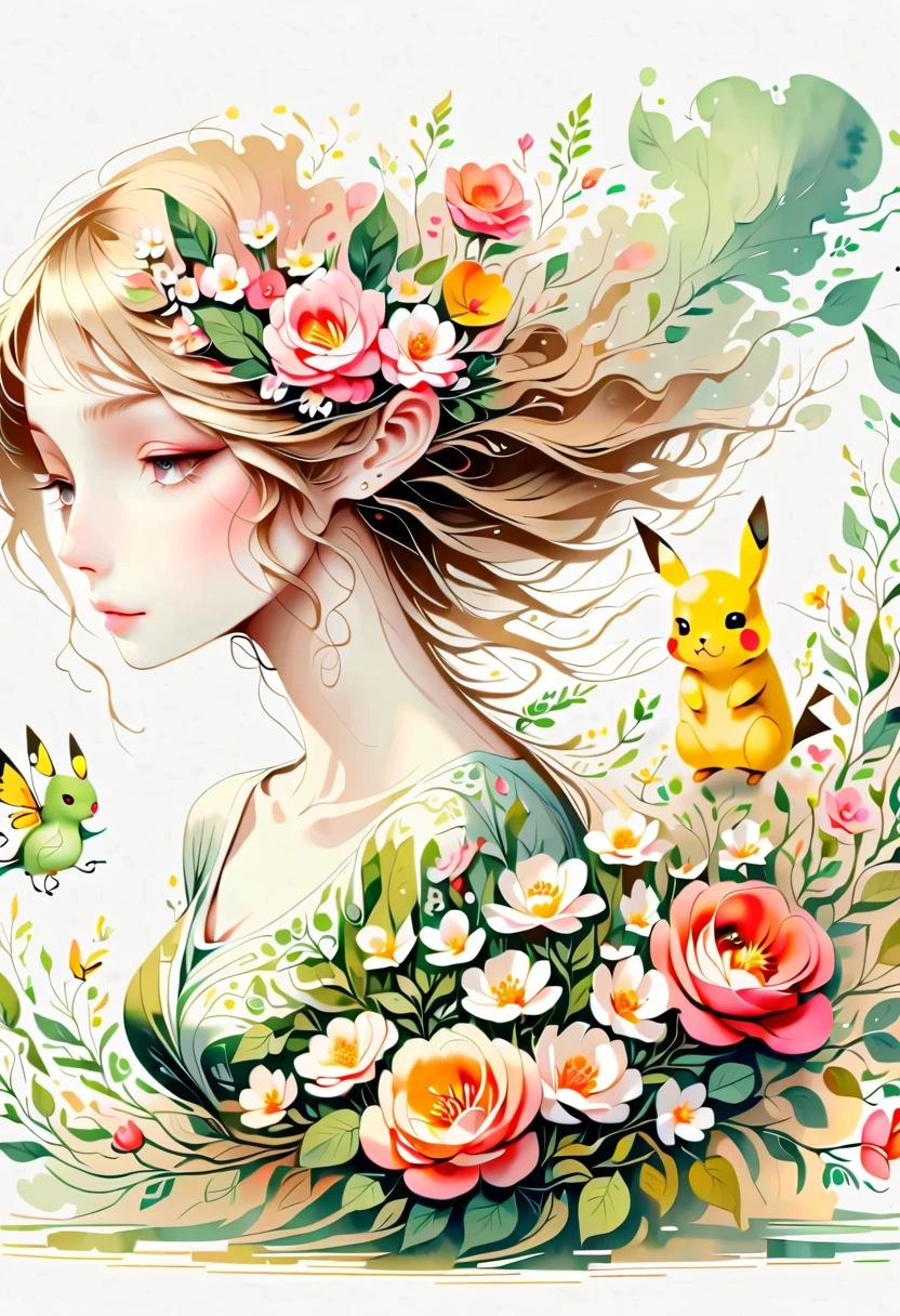 cozy scene featuring hanging planters with adorable Pokémon, adding elements of Pikachu. The planters should be filled with lush greenery and colorful flowers. Include Pikachu comfortably resting in one of the planters, alongside other Pokémon like Celebi and Snivy. Use soft pastel colors and whimsical details to enhance the charm. The background should have subtle stripes with shades of green and peach, maintaining a warm and inviting atmosphere