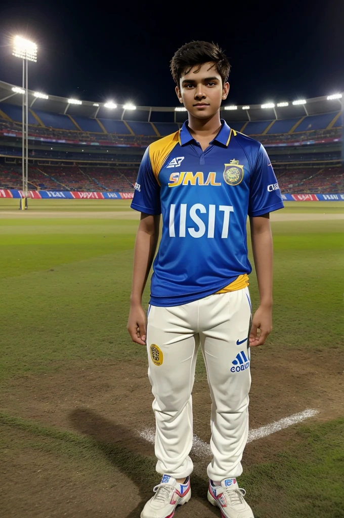 cute boy standing in cricket field, "IPL 2024" is written on his back, he is wearing jersey of CSK team, name Rutik" is written on it and jersey number is 07, lights are in background, 3d