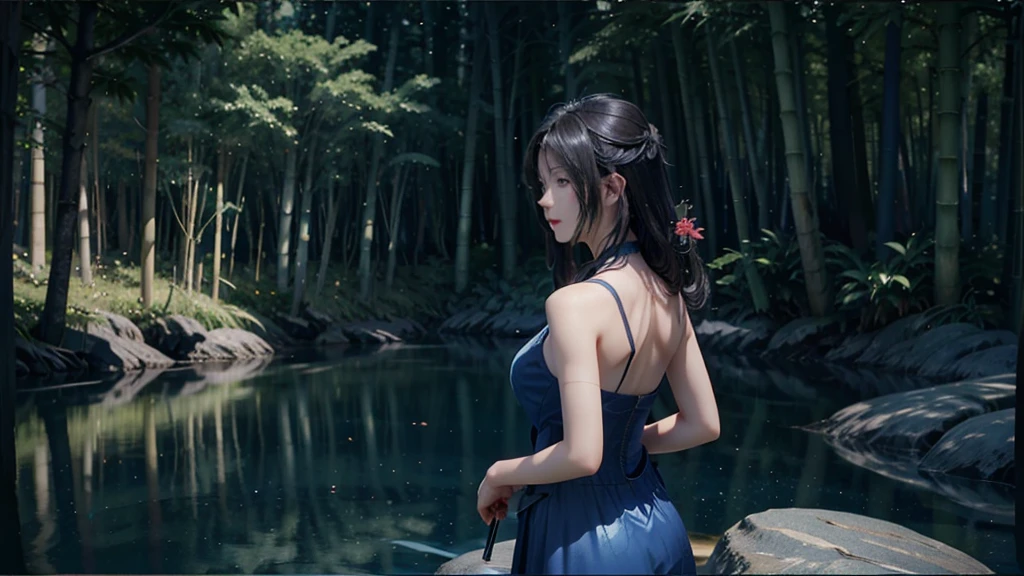 The back view of Lu Xueqi in a water blue dress standing in the bamboo forest，Backhanded long sword, An ethereal still painting, She gazed at the huge full moon，The shadows of the moon and the clouds intertwined, Anime screenshots, Screenshot from the Zhu Xian anime, Moon Goddess, Animation screenshots, Ethereal Anime, Animation screenshots, Cloud Goddess, Waist-length black hair sways in the wind，8k quality, Super sharp, Detailed pictures Most detailed、The clearest, detailed light background,