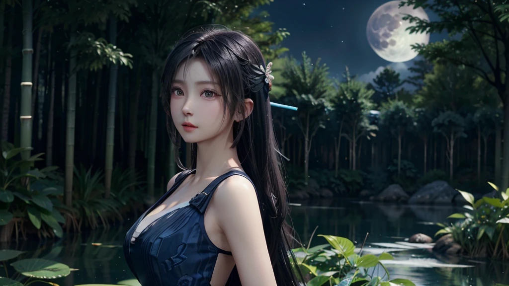 The back view of Lu Xueqi in a water blue dress standing in the bamboo forest,Backhanded long sword, An ethereal still painting, She gazed at the huge full moon,The shadows of the moon and the clouds intertwined, Anime screenshots, Screenshot from the Zhu Xian anime, Moon Goddess, Animation screenshots, Ethereal Anime, Animation screenshots, Cloud Goddess, Waist-length black hair sways in the wind,8k quality, Super sharp, Detailed pictures Most detailed、The clearest, detailed light background,