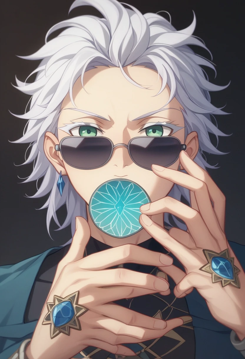((High Detail、light))、Messy white hair、Blue-green eyes、White eyelashes、Divine Light、Ray Tracing、trace、Optical illusion、Upper part of the body、Looking at the camera、masterpiece、((Super Detail、best quality、8K))、Jujutsu Sea Battle、Joey Joey、Black clothing、Surgery begins、Perfect black background、Calm look、Powerful presence、Mysterious atmosphere、(Strange moonshine、Ominous shadow、 Strong blue scent、 Intense red light、Symbolizes the power around him、Radiate magical energy、Mysterious Artifacts、Ether-like granules、Dynamic poses、Epic soundtrack、(((Detailed hands)))、sunglasses