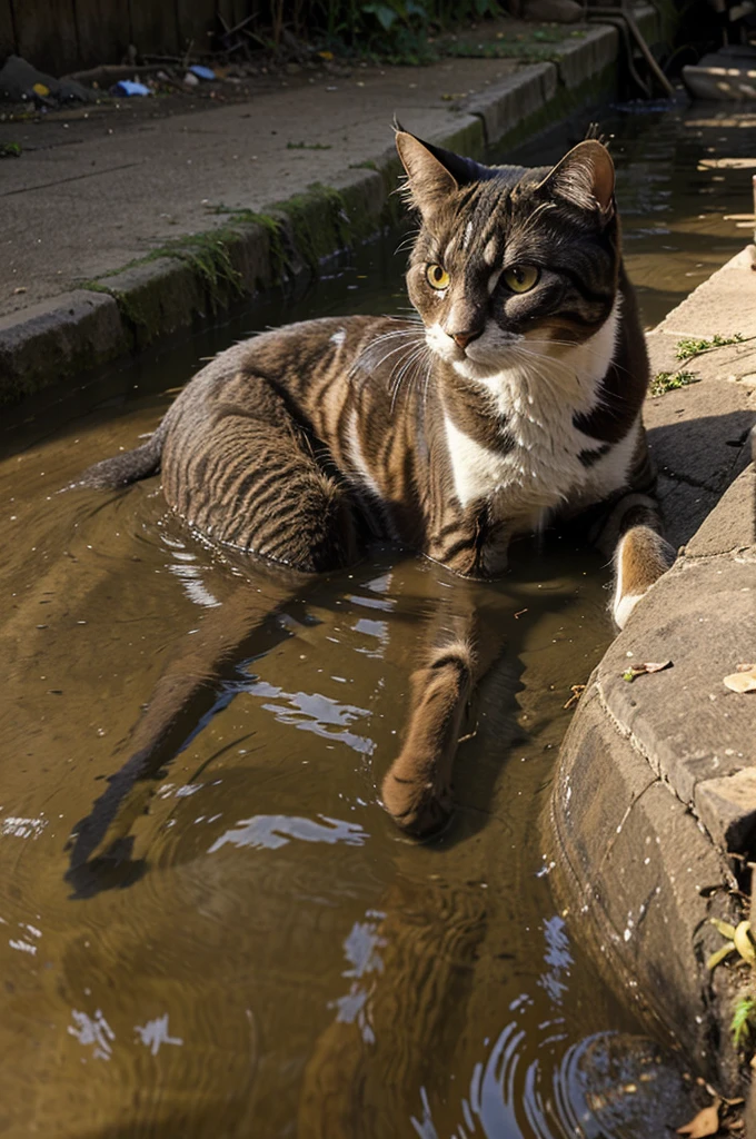 the cat is bathing in a dirty and smelly river