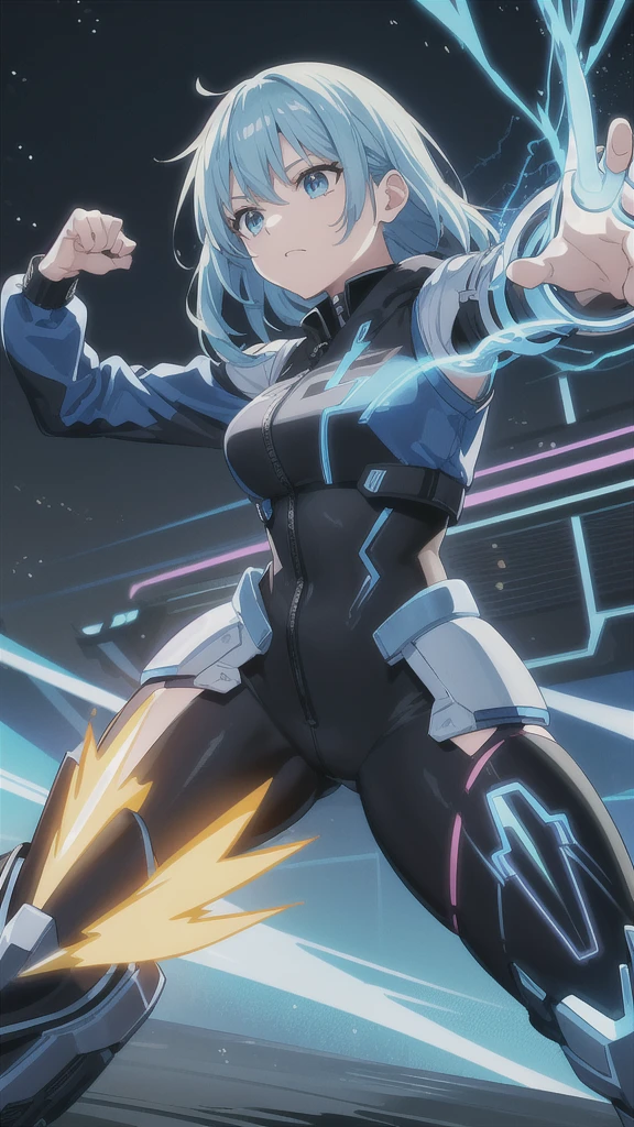 real、Lightning aura、Lightning Energy、Fighting Pose、Blue Hair、cyber punk、Thunder in the background