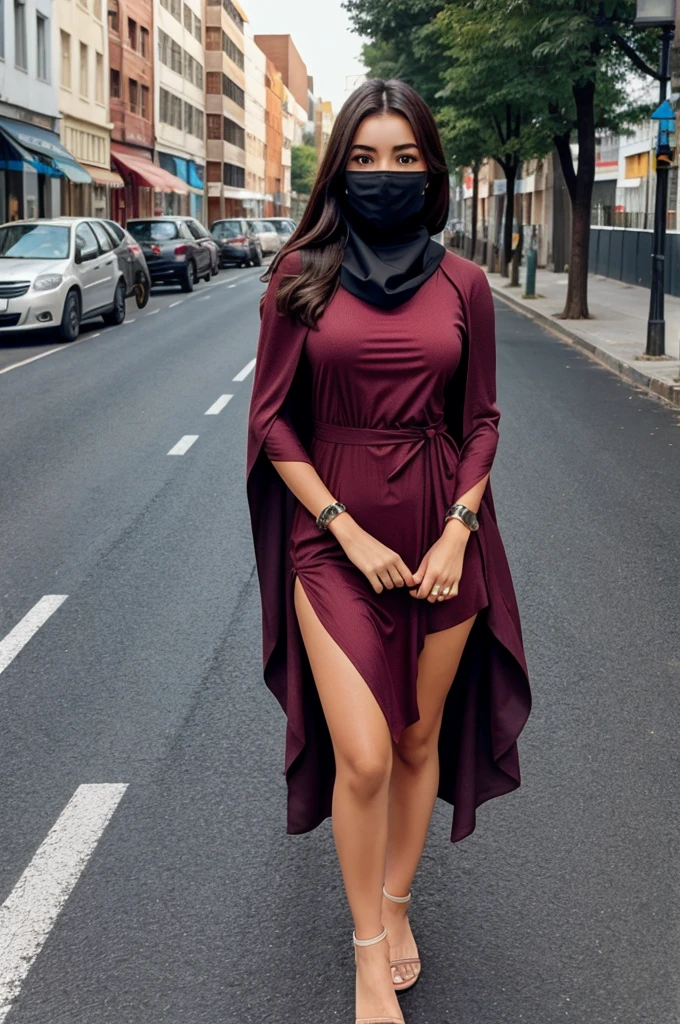 A girl covering full face with shawl and wearing  a sexy dress and standing in the middle of road 